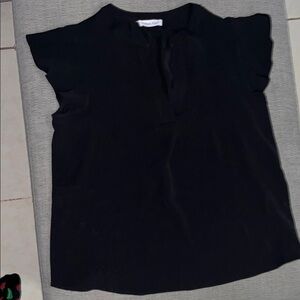 Calvin Klein Black Flutter Sleeve Blouse with Mandarin Collar